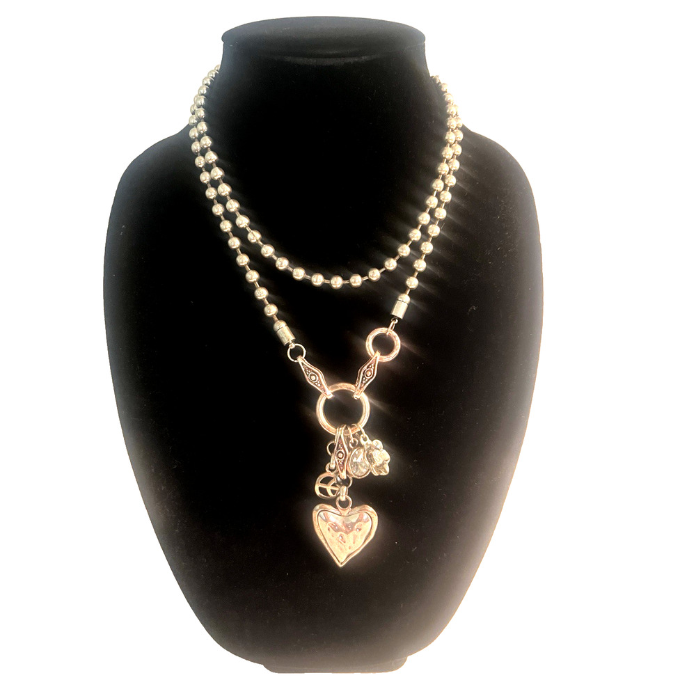 Long Beaded Necklace Silver Charms Puffed Heart Peace Rhinestone Flower BOHO